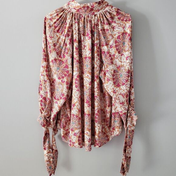 Nicole Miller Balloon Tie Sleeve Flowy Boho Printed Top Size S - Picture 8 of 9
